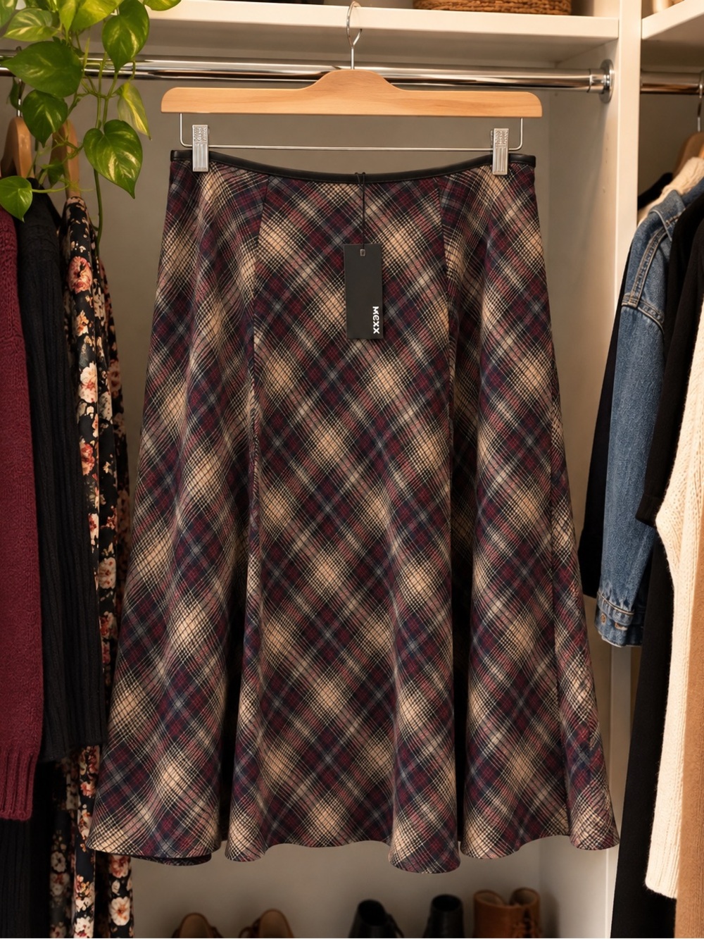 Mexx Burgundy and Cream Plaid A-Line Skirt